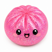 A round, pink glittery toy with a cute cartoon face, featuring large black eyes, a small pink mouth, and pink cheeks, set against a plain white background. – thumbnail