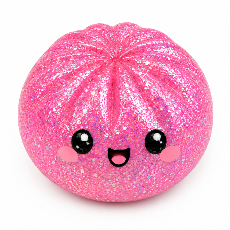A round, pink glittery toy with a cute cartoon face, featuring large black eyes, a small pink mouth, and pink cheeks, set against a plain white background.