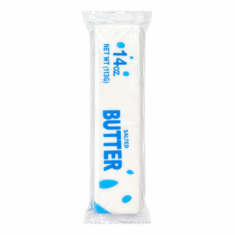 A 14 oz stick of salted butter in its clear plastic wrapper, featuring blue text and droplet graphics on a white background.