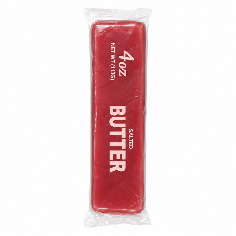 A 4 oz block of red salted butter in clear plastic packaging, with white text reading '4 oz', 'NET WT (119g)', and 'BUTTER SALTED'.