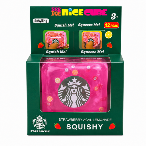 Starbucks Nee Doh NICE CUBE Squishy Strawberry Acai Lemonade squishy toy in its original green retail packaging, containing 12 pieces.