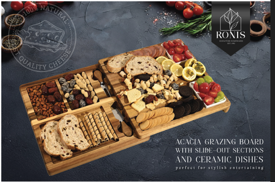 Ronis acacia grazing board box showing slide-out section and ceramic dishes for charcuterie
