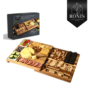 Acacia cheese board 33cm with slide-out section and ceramic dishes, styled with cheese, crackers and nibbles, Ronis box shown – thumbnail