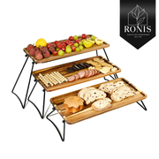 Three-tiered wooden food display with fruits, meats, and bread on a white background, featuring the Ronis Signature Homewares – thumbnail