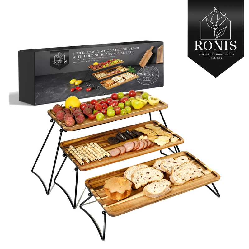 Acacia cheese plate set with three long plates on a tiered stand, styled with fruit, crackers and bread, Ronis box shown