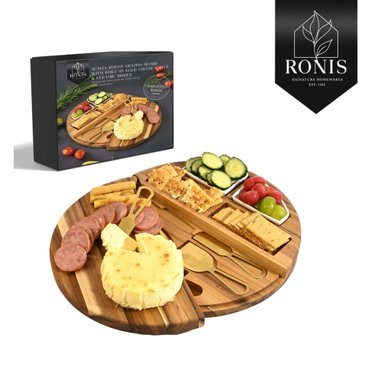 Acacia rotating cheese board 33cm with gold-toned cheese knives and ceramic dishes, Ronis box and logo shown