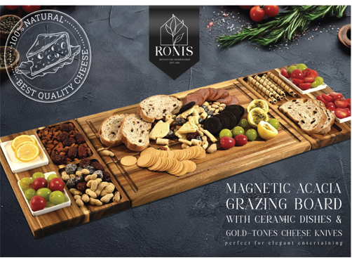 Magnetic acacia grazing board with ceramic dishes and cheese knives on a dark surface, featuring Rovis brand.