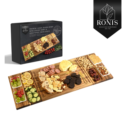 Acacia grazing board set with side boards, ceramic dishes and gold-toned cheese knives, Ronis box and logo shown