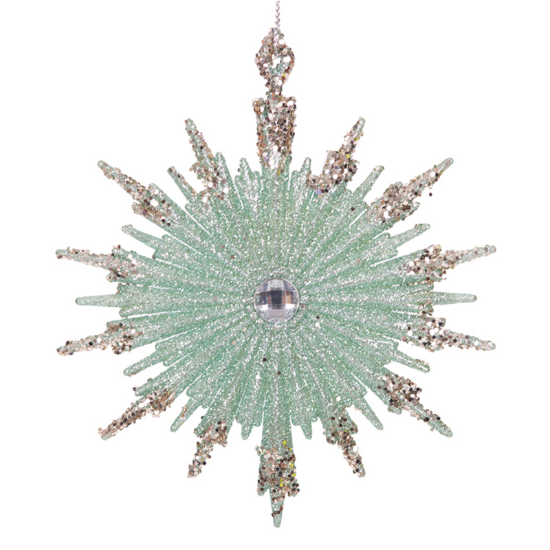 Acrylic starburst tree ornament in mint and champagne glitter, 13cm in size, perfect for holiday décor.