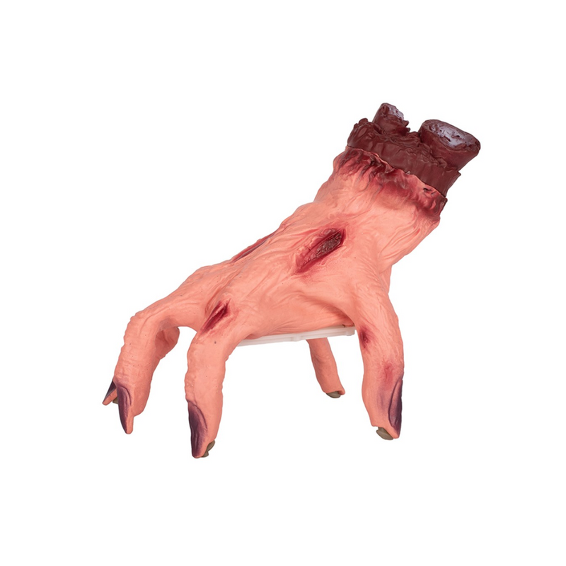 Animated severed hand prop lying on a surface, detailed with realistic wounds and fabric sleeve, shown crawling.