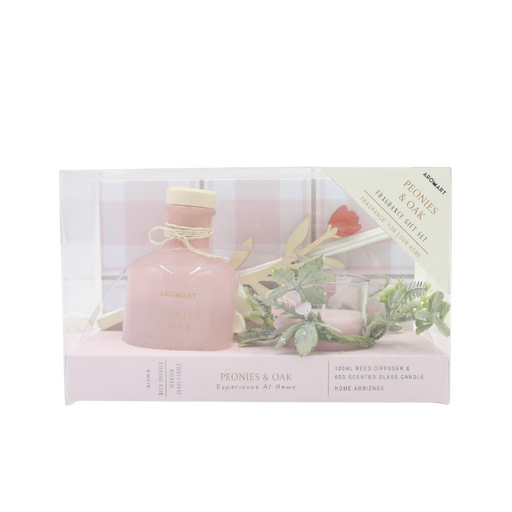 Aromart Diffuser 100Ml Candle Cup Gift Set With Flower Decoration Peonies & Oak