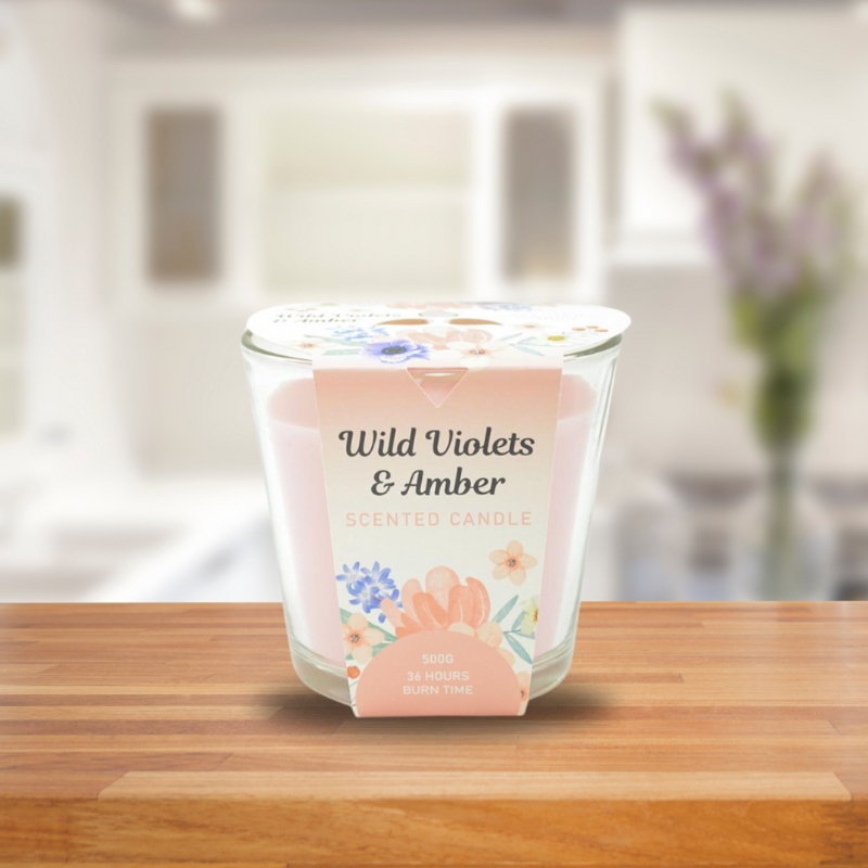 Glass Candle 11X11cm 260g Light Pink Pink /Wild Violets & Amber Scented Aromart