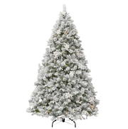Fully assembled 229cm frosted Christmas tree displayed in a cozy indoor setting