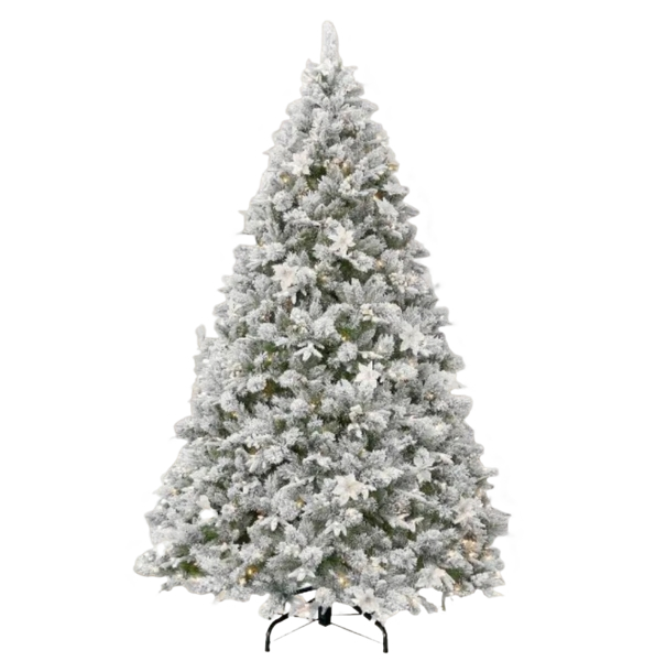 Fully assembled 229cm frosted Christmas tree displayed in a cozy indoor setting