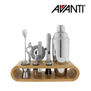 Avanti 10 Piece stainless steel bar set with bamboo stand for cocktails and home bartending