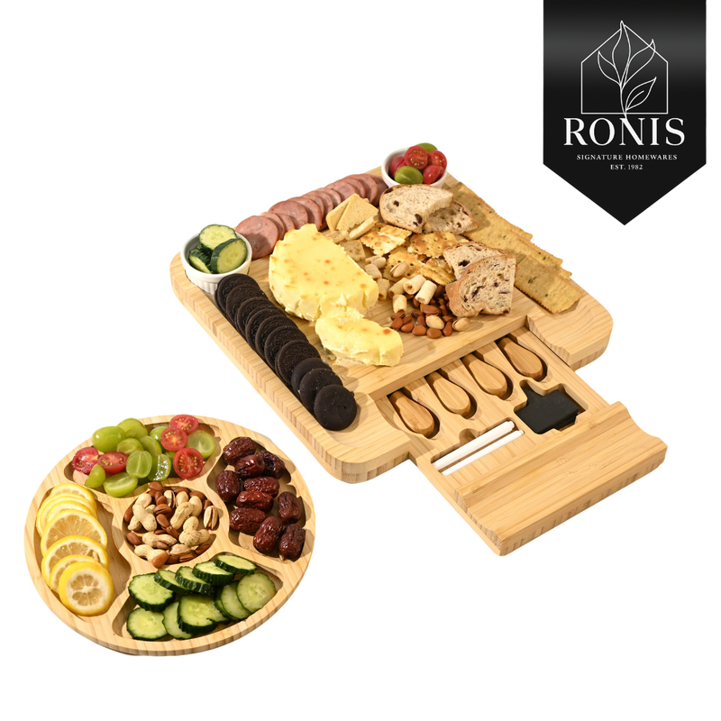 Wooden charcuterie board with assorted foods and a knife set, branded Ronis Signature Homewares