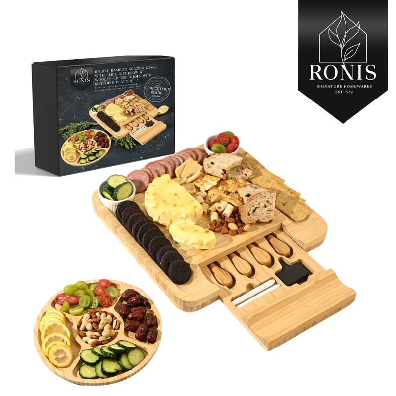Wooden charcuterie board with food items and packaging, featuring the Ronis Signature Homewares brand.