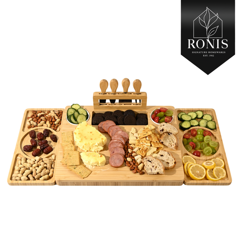 Wooden charcuterie board with assorted foods and RONIS logo.