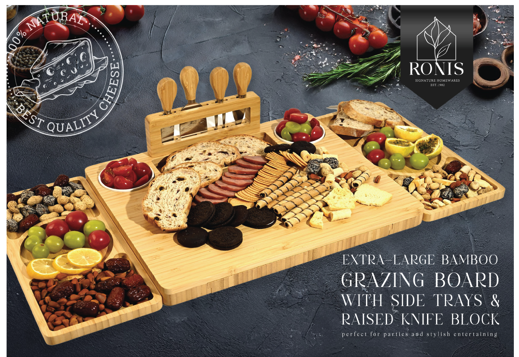 Ronis extra-large bamboo grazing board with side trays and raised knife block packaging