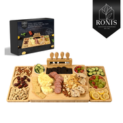 Bamboo cheese board set with side trays and knife holder, main board styled with cheese and snacks, Ronis box shown – thumbnail