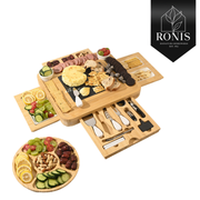 Wooden charcuterie board set with various foods and utensils, featuring the Ronis Signature Homewares brand. – thumbnail