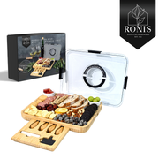 Wooden charcuterie board with food items and a transparent lid, branded 'RONIS'.