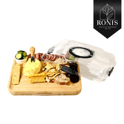 Bamboo cheese board with lid 35.5x28x8.5cm, grazing platter with clear cover lifted beside the board, Ronis