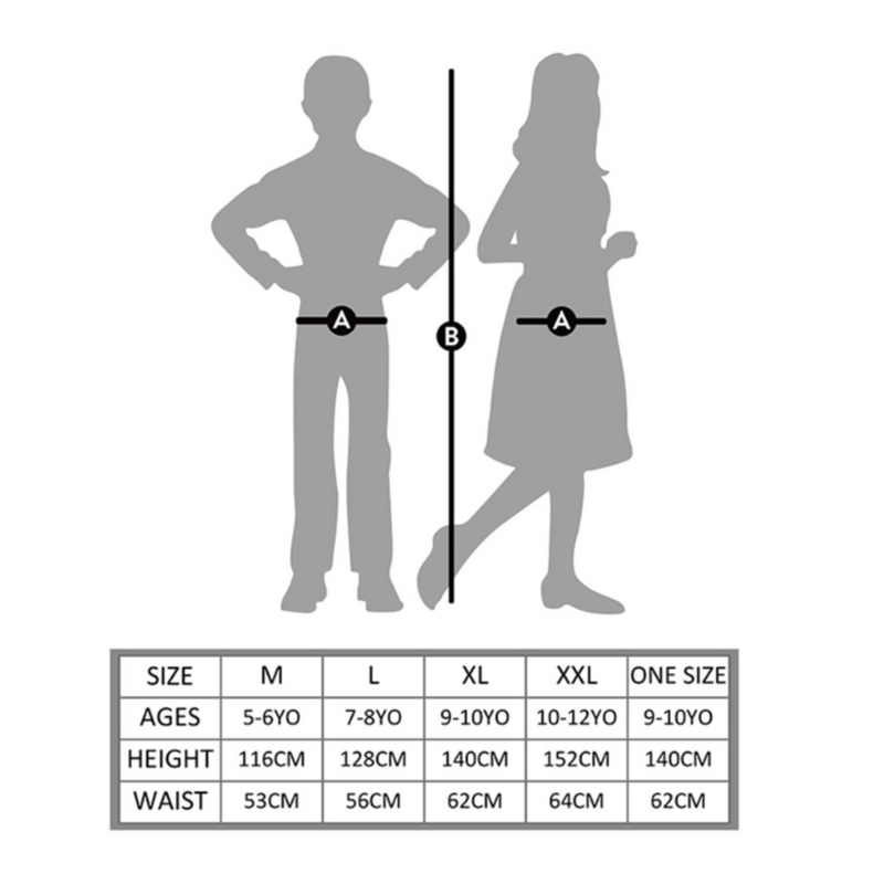 Size chart for children's clothing with silhouettes of a boy and girl and measurement points 