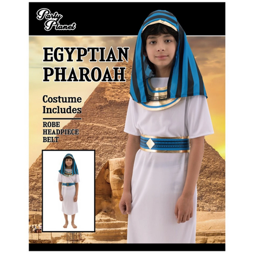 Boys Egyptian Pharaoh Costume X‑Large for ages 11–12 with gold-trimmed tunic, decorative belt, and striped pharaoh headdress.