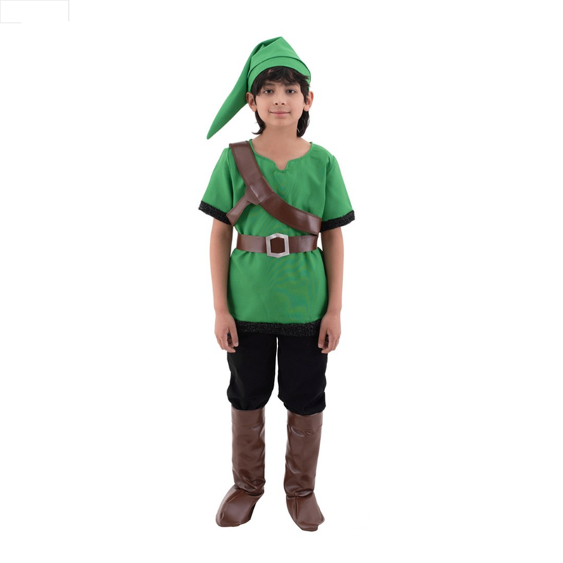 Child wearing a green costume with a hat, shirt, pants, and boots 