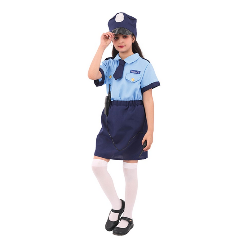 Girl Policewoman Costume-Including Shirt, Skirt, Hat, Tie, Size XXLarge 11-12Yo, Height Approx. 152cm, Waist Approx. 64cm