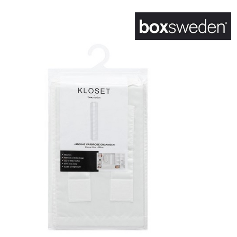 BOXSWEDEN KLOSET HANGING ORGANISER9 SECTION 34X22X120CM WHITE