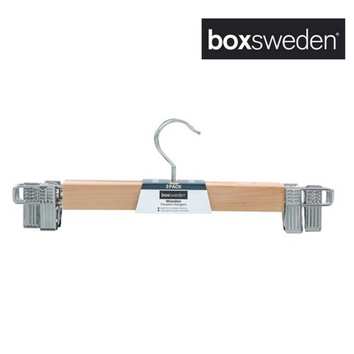 BOXSWEDEN WOODEN TROUSER HANGERS WITH CLIPS 3PK 33CM