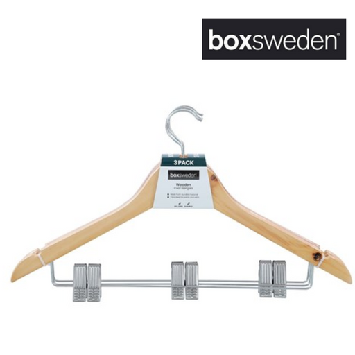 BOXSWEDEN WOODEN HANGERS WITH CLIPS 44.5CM 3PK