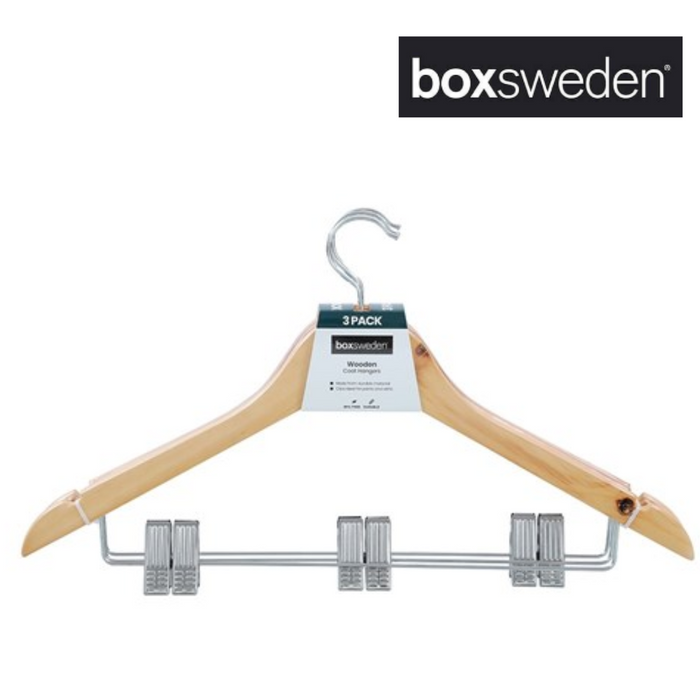 BOXSWEDEN WOODEN HANGERS WITH CLIPS 44.5CM 3PK