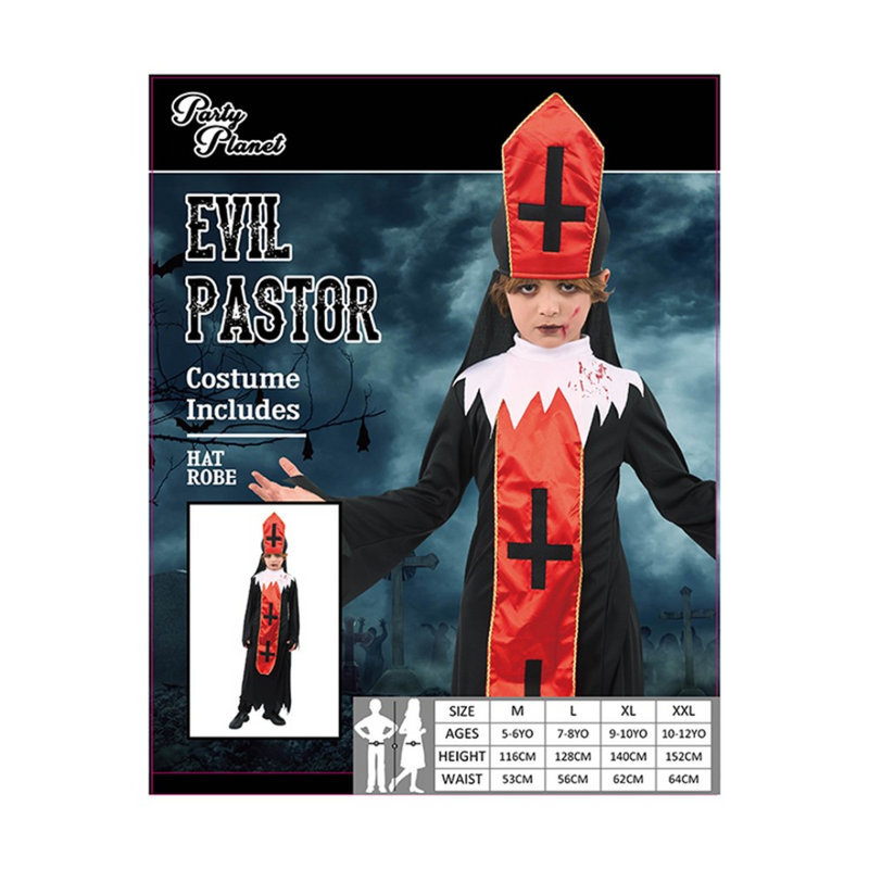 Boy dressed in evil pastor costume with gothic cross and robe – Halloween costume assortment