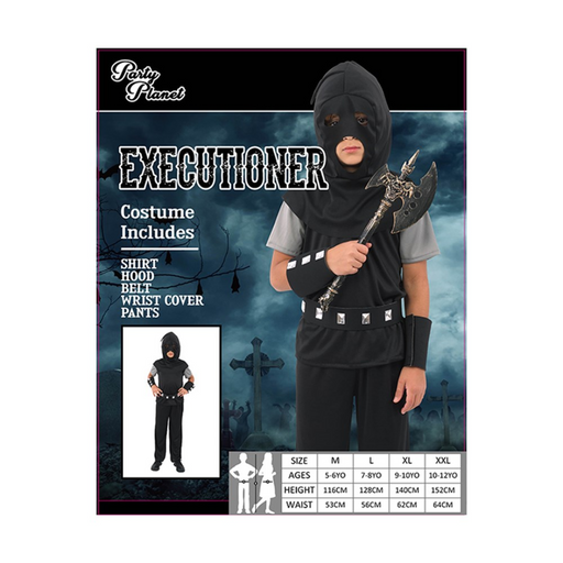 Boy wearing black executioner costume with hood and axe – Halloween costume assortment