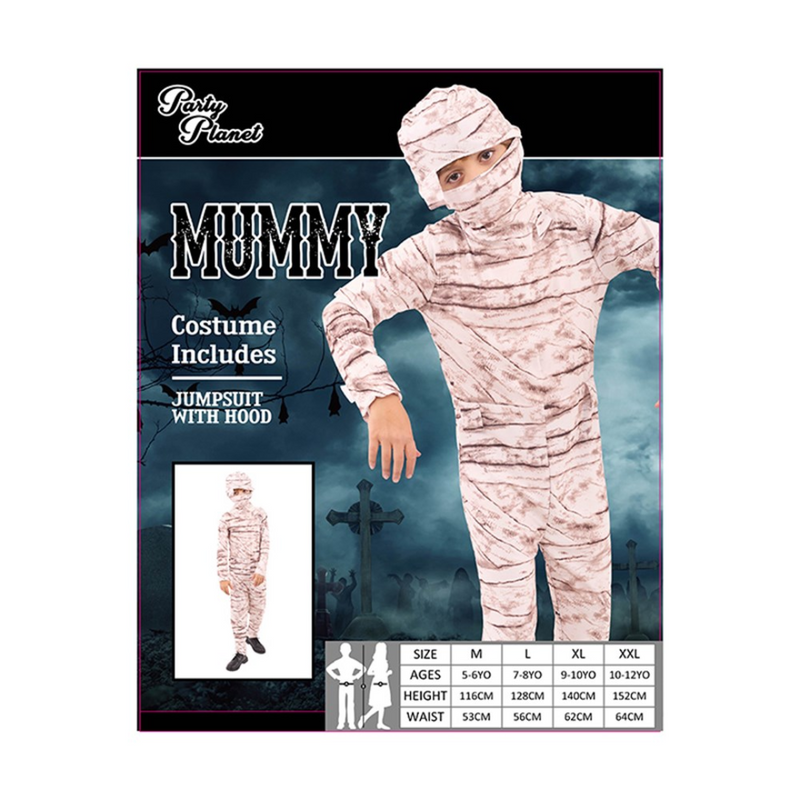 Boy dressed in wrapped mummy costume with bandages – Halloween costume assortment