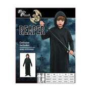 Boy wearing black grim reaper costume with hood and scythe – Halloween costume assortment