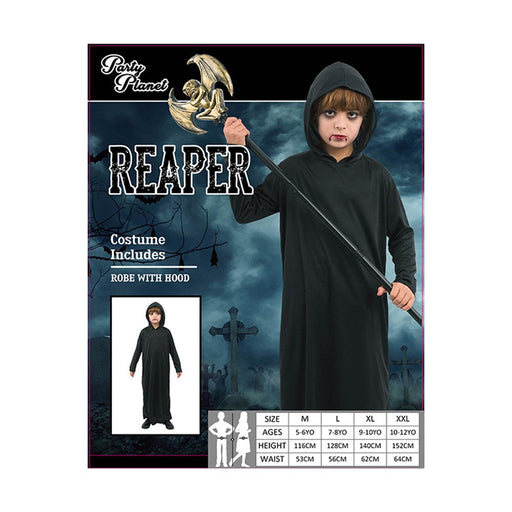 Boy wearing black grim reaper costume with hood and scythe – Halloween costume assortment