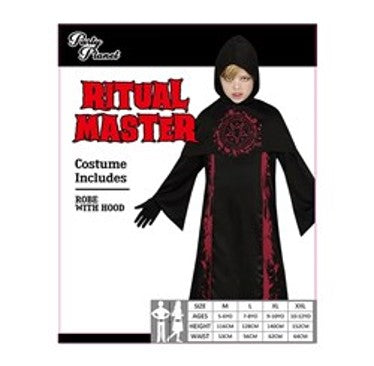 Boy in dark ritual master costume with hood and symbols – Halloween costume assortment