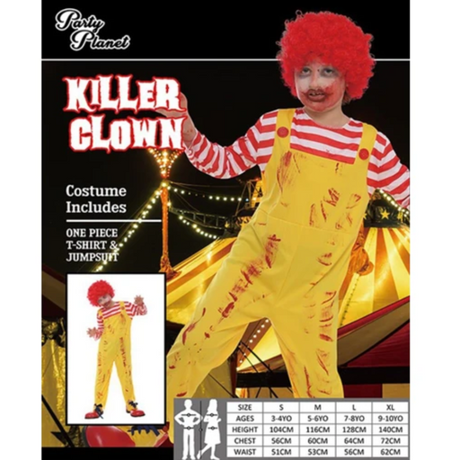 Child in a Killer Clown costume with red hair and yellow overalls on a black background.