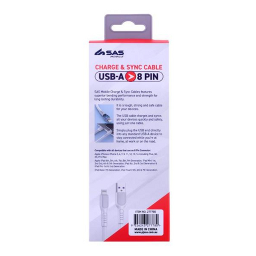 Charge & Sync USB A to 8 Pin PVC Cable - Suitable for iPhone Devices - White - 2 metre