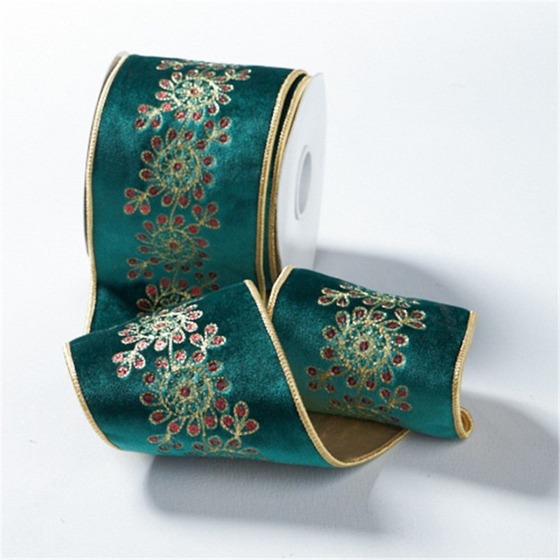 Christmas Emerald Velvet Ribbon W/Red & Green Sequin Detail 10cmx5M