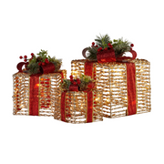 Christmas Gift Boxes with Lights- Champagne with Red Bows Set of 3