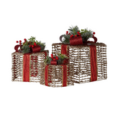 Christmas Gift Boxes with Lights- Champagne with Red Bows Set of 3