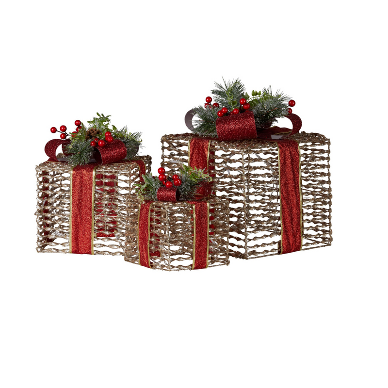 Christmas Gift Boxes with Lights- Champagne with Red Bows Set of 3