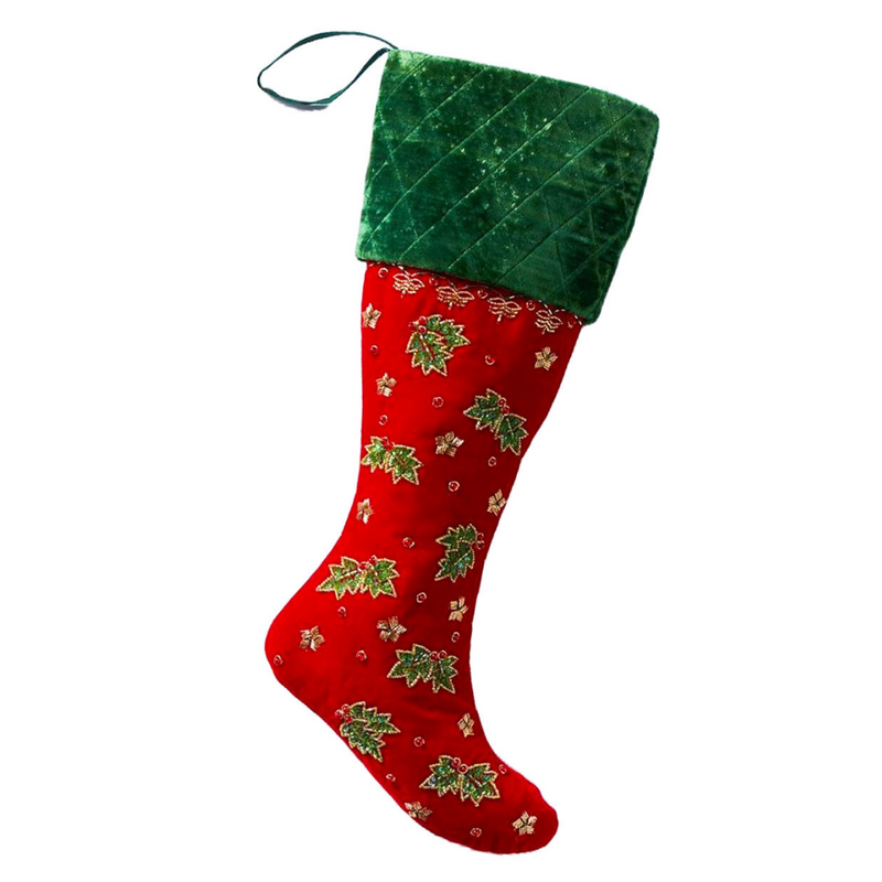 Christmas Green Velour Stocking With Holly Beading 58cm