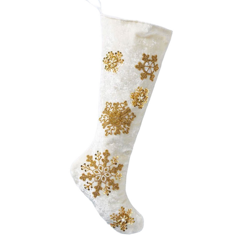 Christmas Ivory Velour Stocking With Gold Beading 58cm