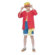 Child wearing a colorful outfit with a red jacket, blue shorts, and yellow hat 
